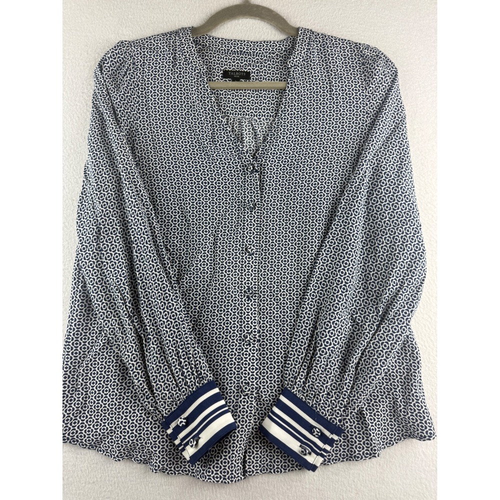 Talbots Petite Navy White Geometric Medallion Button Down Blouse SP Striped Cuff